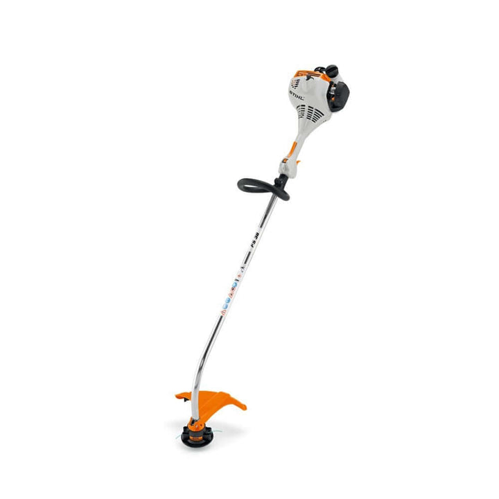 STIHL FS 38 Petrol Grass Trimmer standing upright, ideal for tree surgeons and homeowners seeking a lightweight, powerful gardening tool.