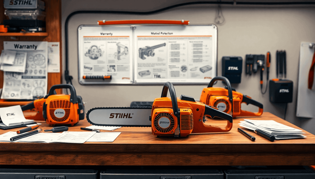 STIHL chainsaws and equipment on a workbench, showcasing Why STIHL MotoMix is the Best Fuel for Your Outdoor Power Tools.