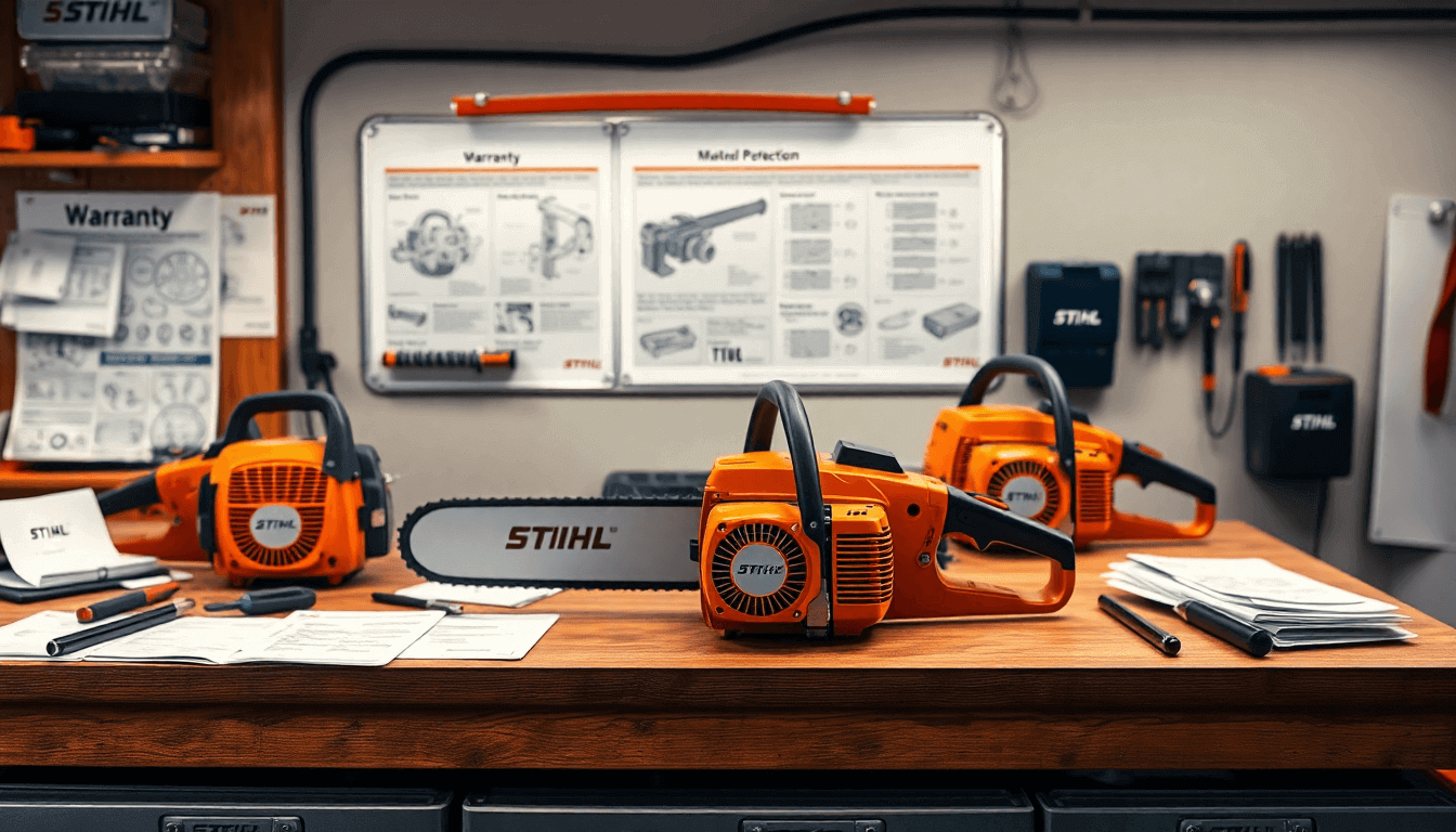 STIHL chainsaws and equipment on a workbench, showcasing Why STIHL MotoMix is the Best Fuel for Your Outdoor Power Tools.