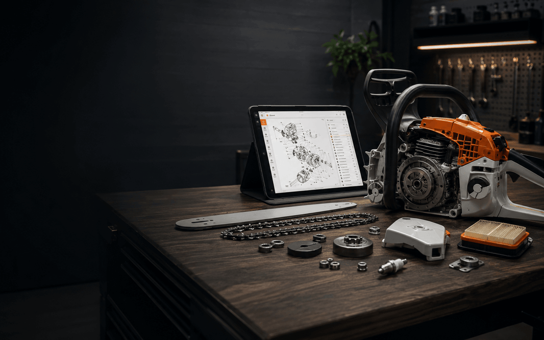 Find STIHL Spare Parts Fast with Our New Exploded Diagram Finder, featuring STIHL chainsaw and parts on a workbench.