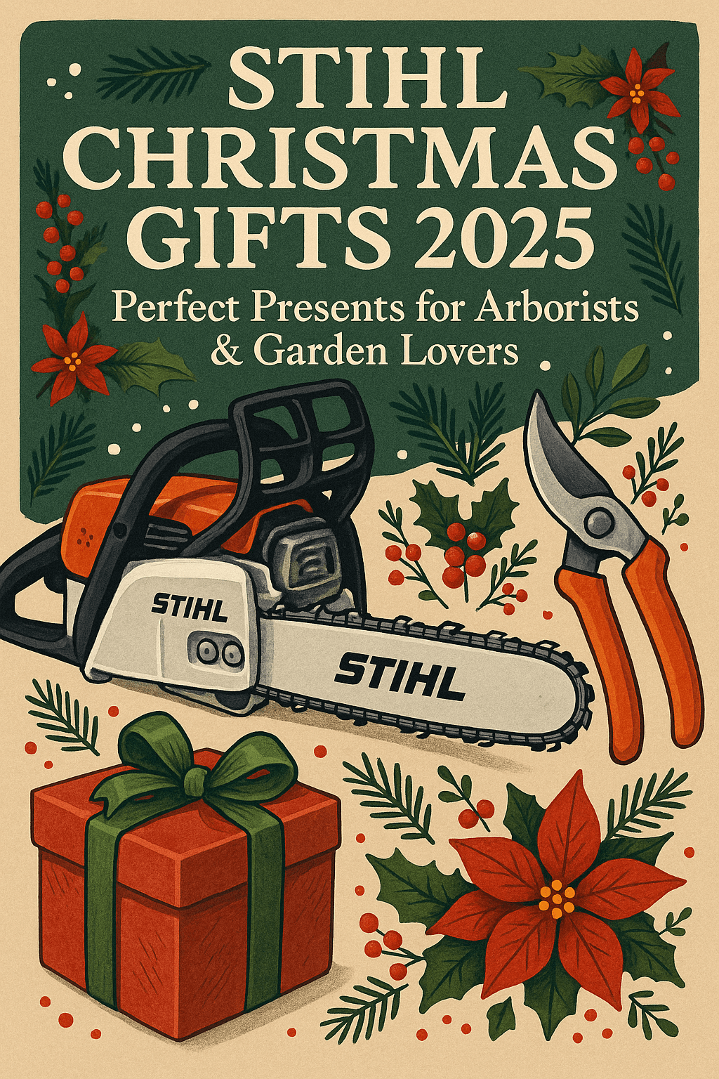 STIHL Christmas Gifts 2025: Perfect Presents for Arborists & Garden Lovers with chainsaw and gardening tools.