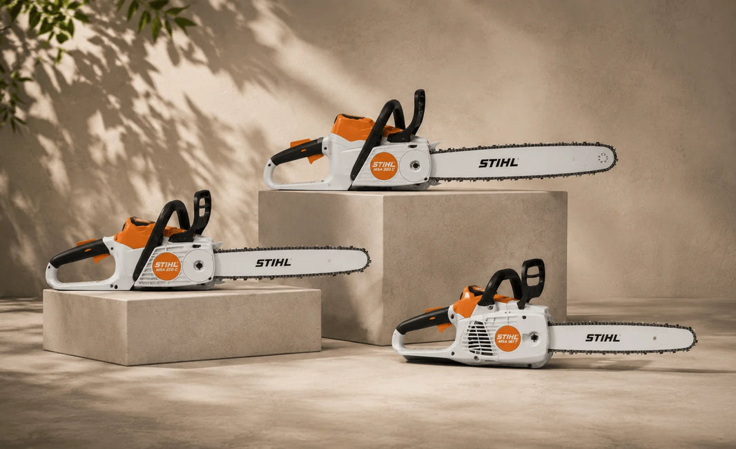 Best STIHL Battery Chainsaw 2026: The Complete Buyer's Guide - display of STIHL battery chainsaws on platforms.
