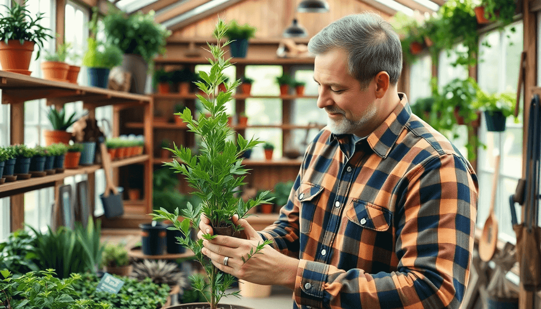 Treat Your Tree-Loving Dad to the Perfect Father's Day Gift: Dad caring for a young plant in a greenhouse.