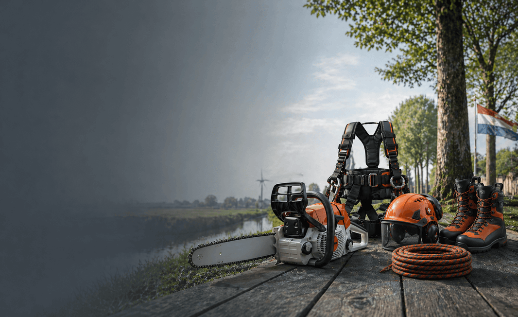 Shipping Arborist Equipment from the UK to the Netherlands, featuring tree surgeon tools and safety gear.