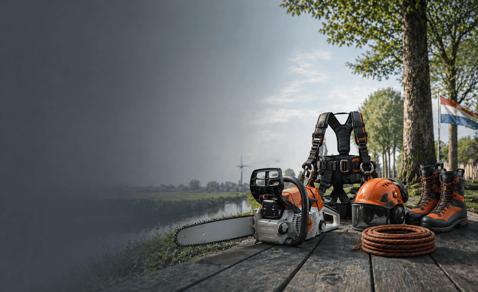 Shipping Arborist Equipment from the UK to the Netherlands, featuring tree surgeon tools and safety gear.