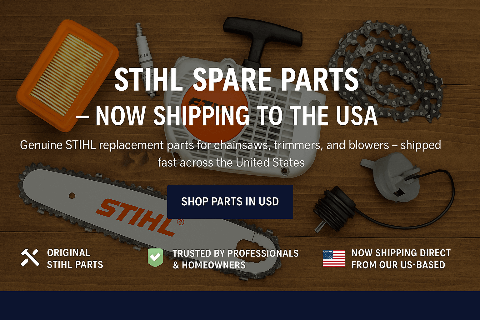 STIHL Spare Parts – Now Shipping to the USA, showcasing genuine replacement parts for chainsaws and trimmers.