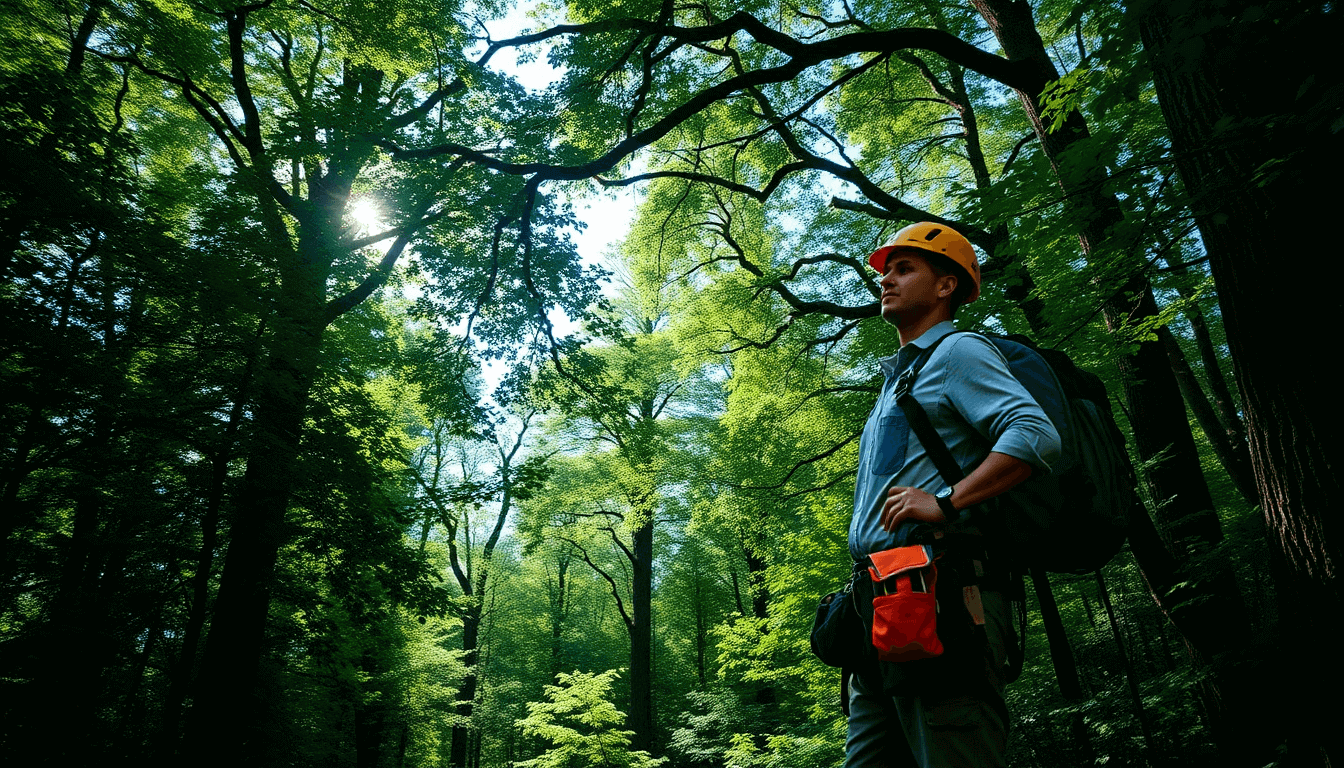 Essential Safety Gear Every Professional Arborist Needs - Arborist surveying trees in a green forest.