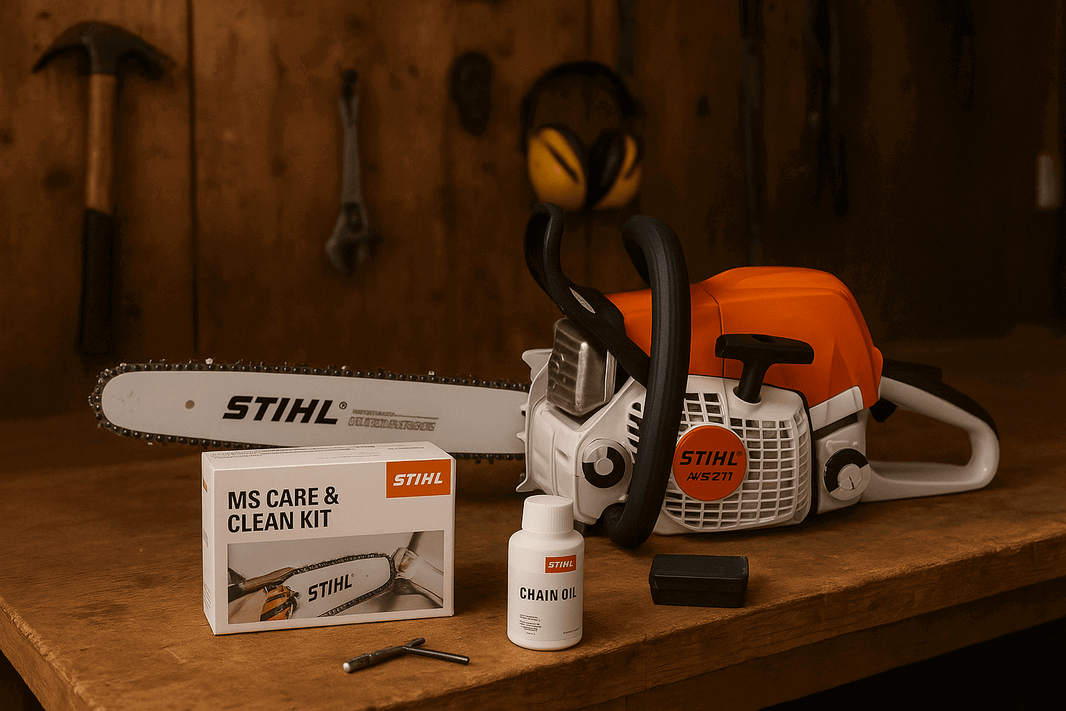 How to Maintain Your Chainsaw in Cold Weather with STIHL MS Care & Clean Kit and chain oil.