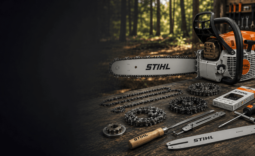 How to Choose the Right Chainsaw Chain: STIHL Chain Sizes, Types & Cut Kits with STIHL chainsaw and accessories laid out.