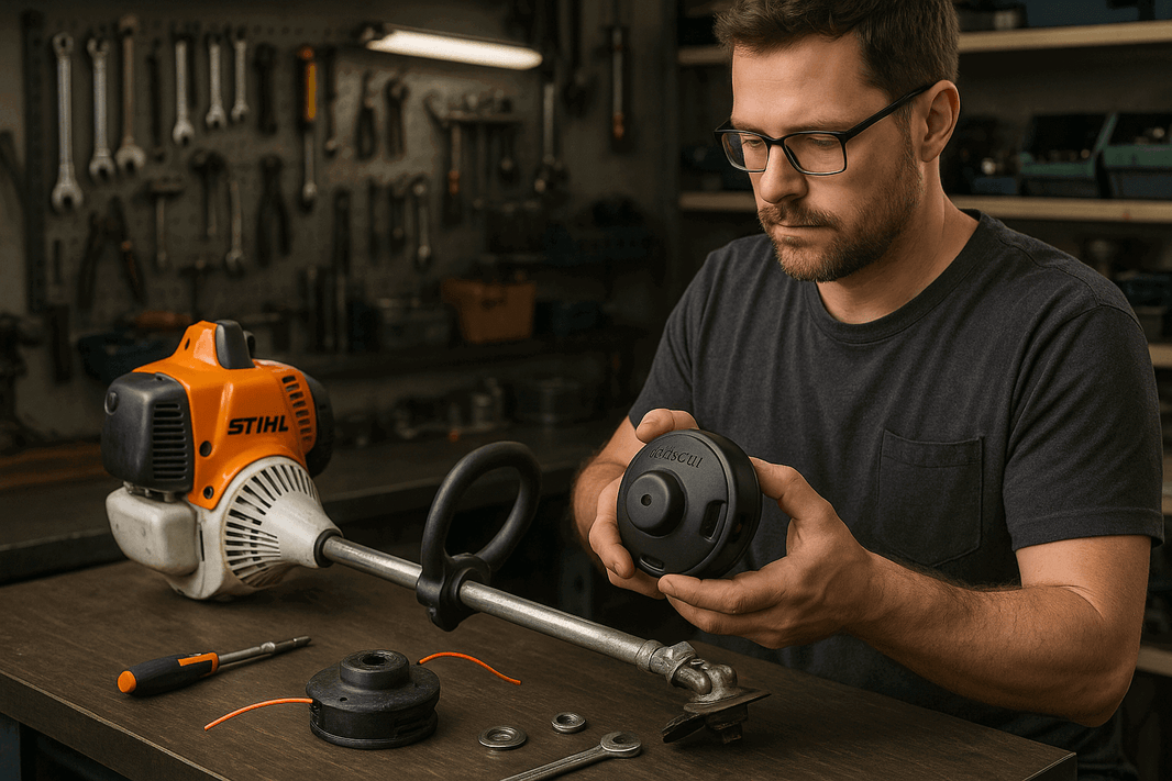 Replacement STIHL Strimmer Line, Blades & Heads: Products, Tips & How-To Guide, man assembling STIHL strimmer head.