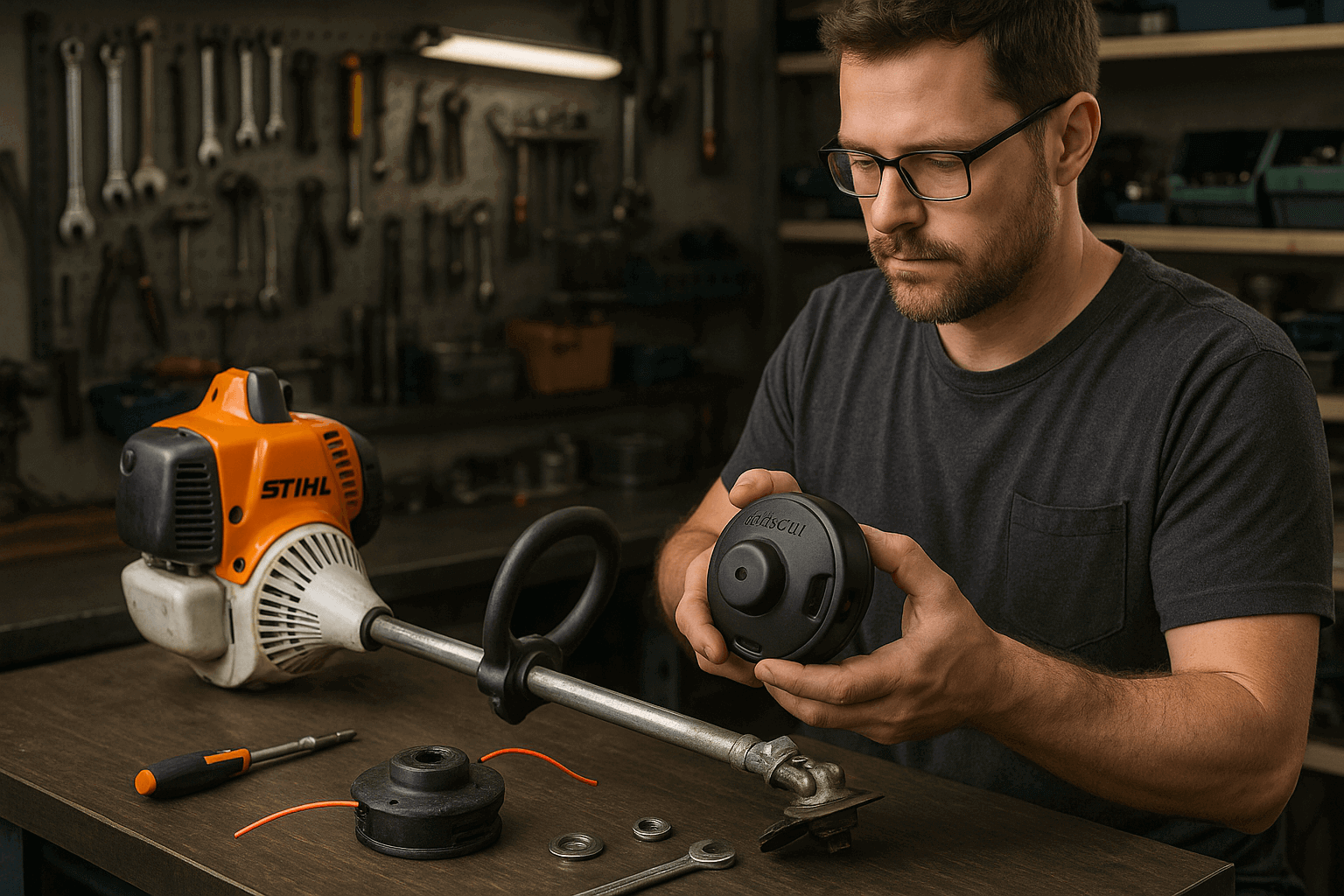 Replacement STIHL Strimmer Line, Blades & Heads: Products, Tips & How-To Guide, man assembling STIHL strimmer head.