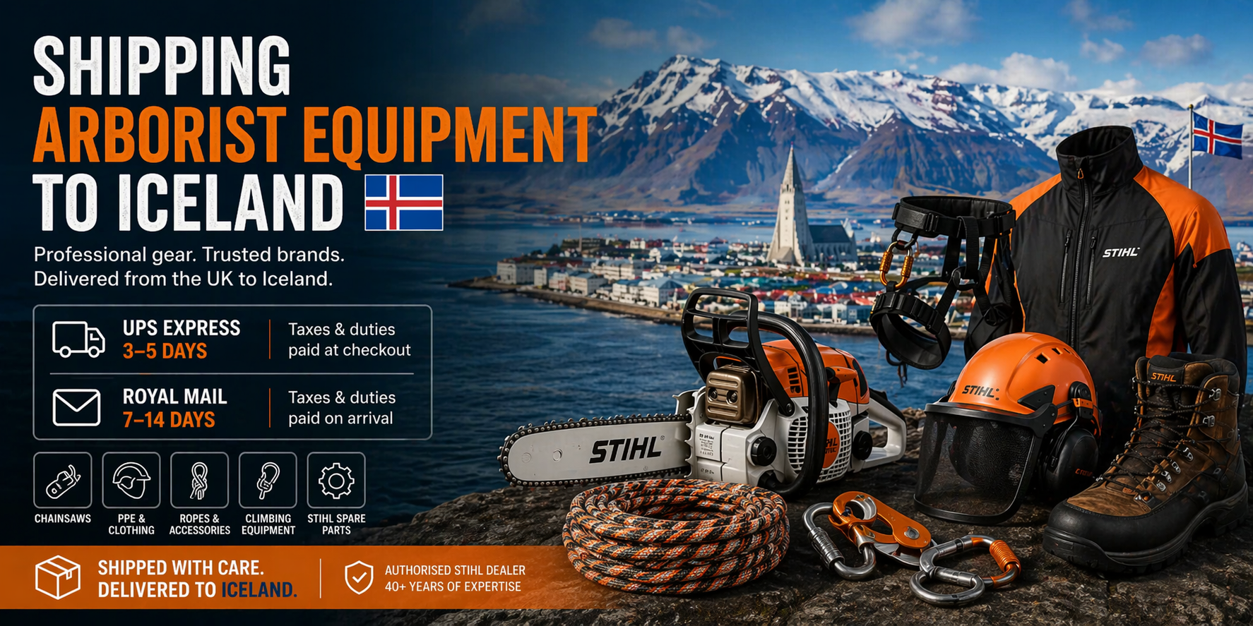 Arborist equipment UK to Iceland shipping
