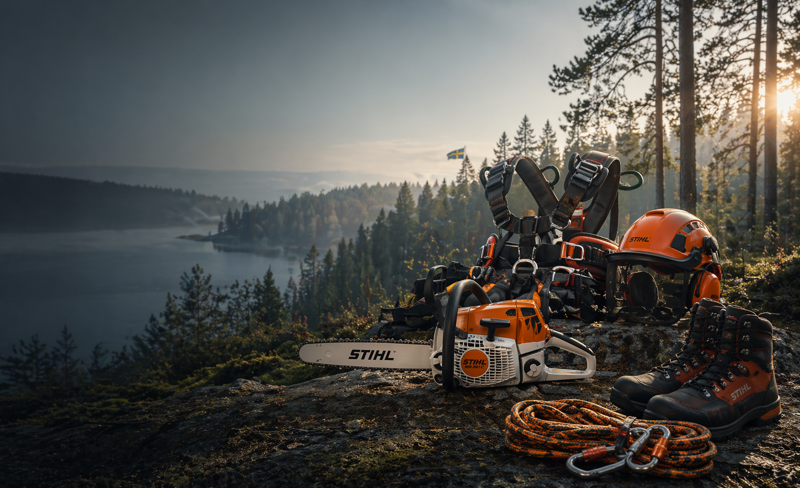 Shipping Arborist Equipment from the UK to Sweden featuring chainsaw, helmet, harness, and climbing gear.