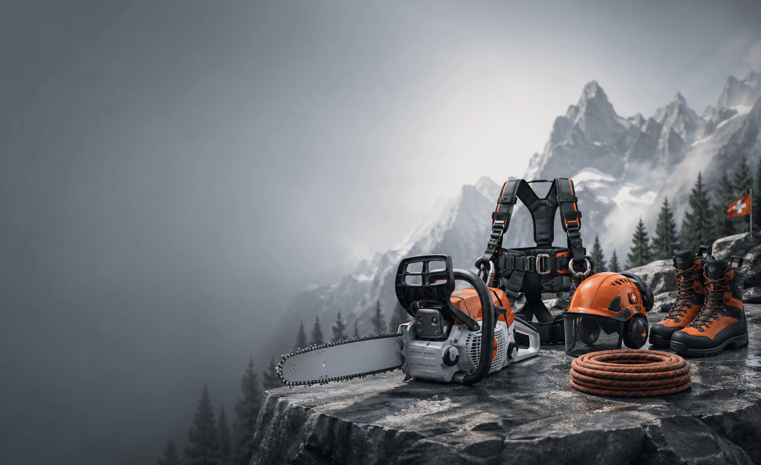 Shipping Arborist Equipment from the UK to Switzerland: chainsaw, safety gear, helmet, and rope on rocky terrain.