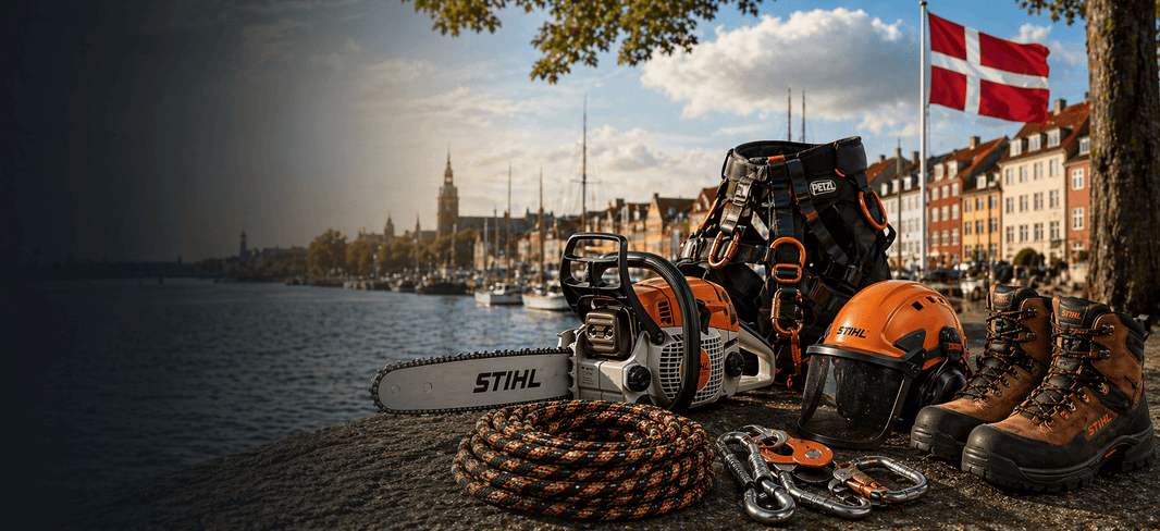 Shipping Arborist Equipment from the UK to Denmark with tools, safety gear, and the Danish flag in the background.