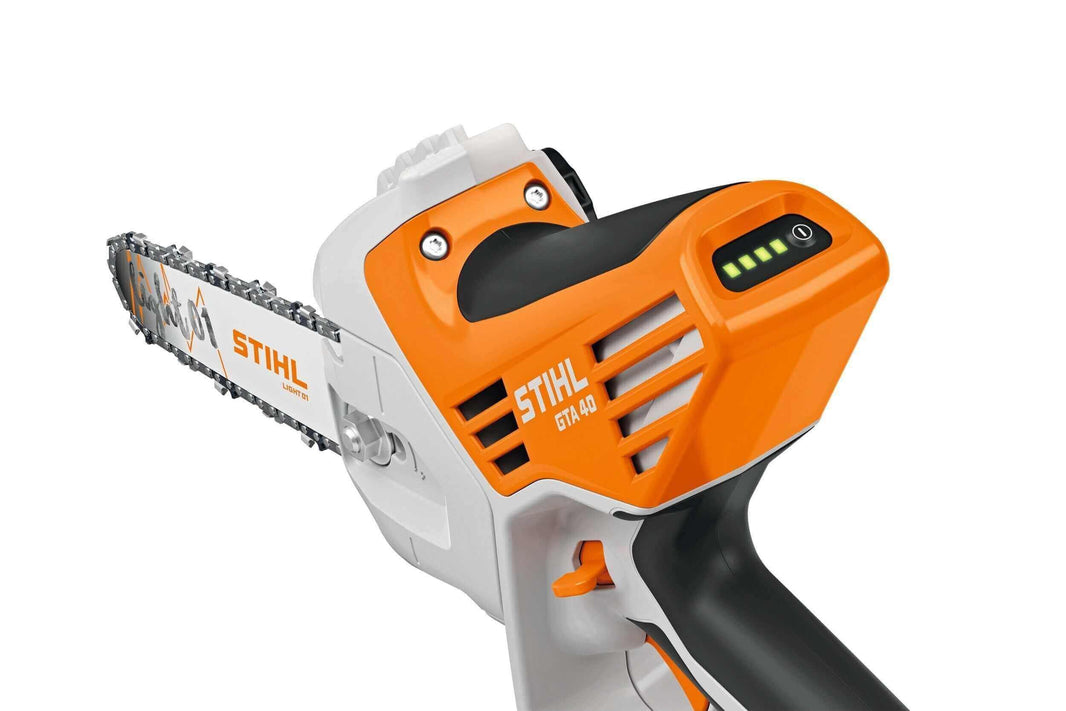 STIHL GTA 40 Cordless Pruner - Worth the Hype? close-up view of the pruner's handle and chain.