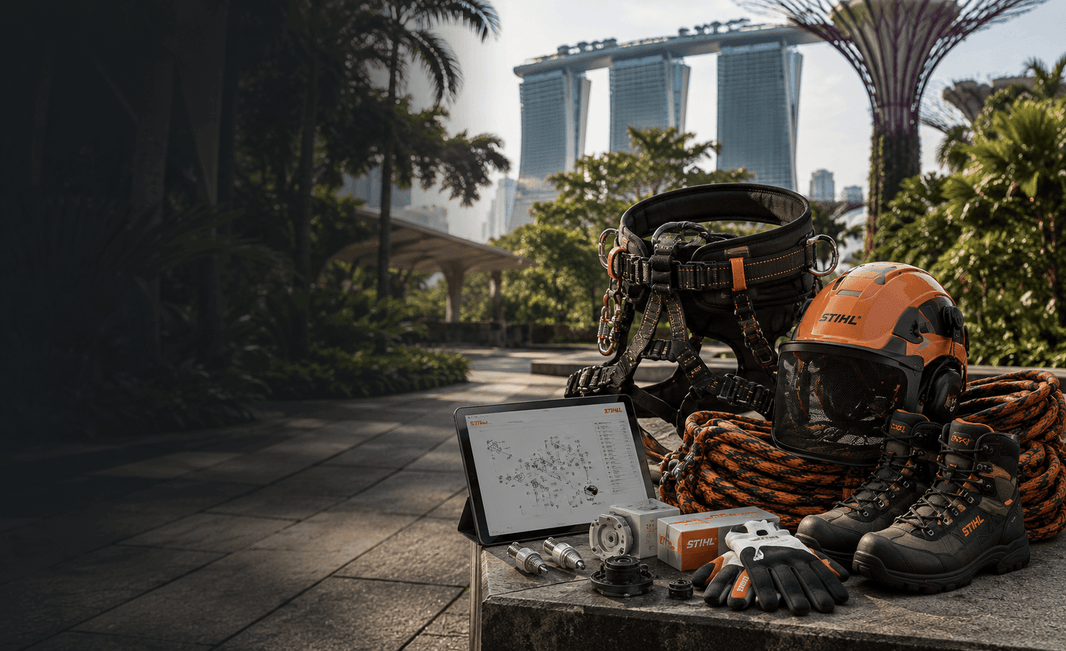 Shipping Arborist Equipment from the UK to Singapore including harness, helmet, and tools in a tropical setting.