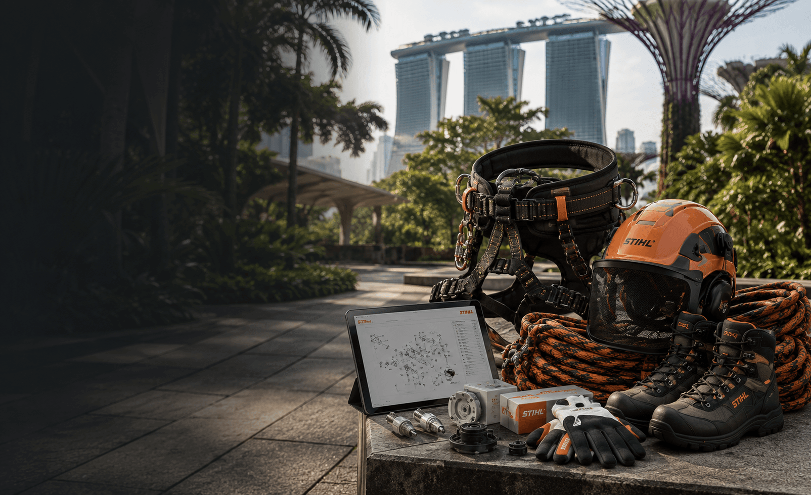 Shipping Arborist Equipment from the UK to Singapore including harness, helmet, and tools in a tropical setting.