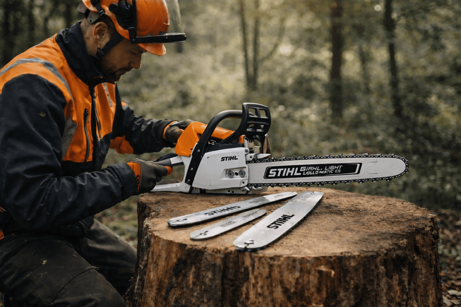 A tree surgeon setting up a STIHL chainsaw with guide bar and chain on a log, demonstrating how to choose the right guide bar & chain combo for your chainsaw.