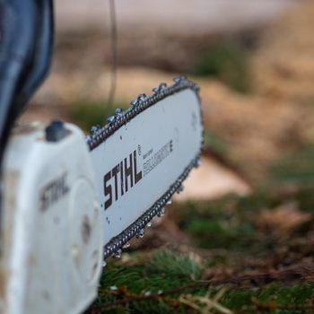 Stihl chainsaw blade in focus, showcasing the brand logo and chain detail, related to The Ultimate Guide On Everything You Need To Know About Stihl Chainsaws.