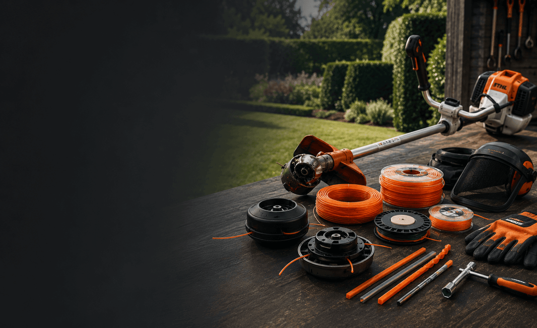 STIHL Strimmer Line Guide: Best Line, Sizes & Replacement Tips with various strimmer lines and tools arranged on a table.
