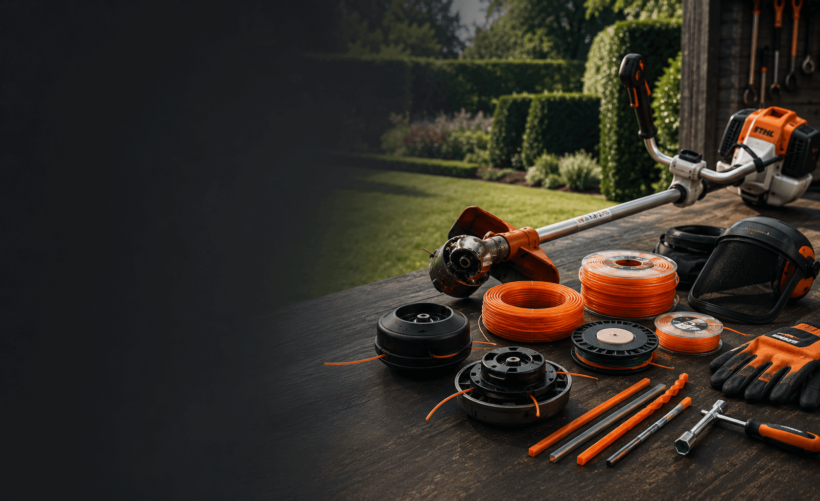STIHL Strimmer Line Guide: Best Line, Sizes & Replacement Tips with various strimmer lines and tools arranged on a table.