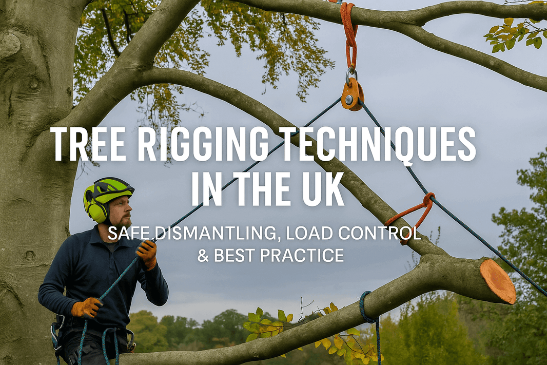 Tree Rigging Techniques in the UK: Safe Dismantling, Load Control & Best Practice - climber using rigging equipment.