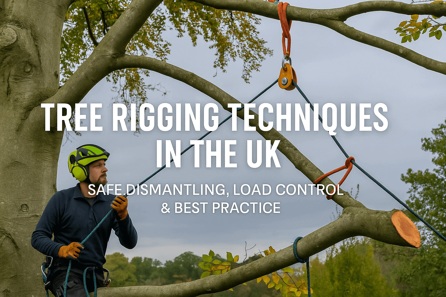 Tree Rigging Techniques in the UK: Safe Dismantling, Load Control & Best Practice - climber using rigging equipment.