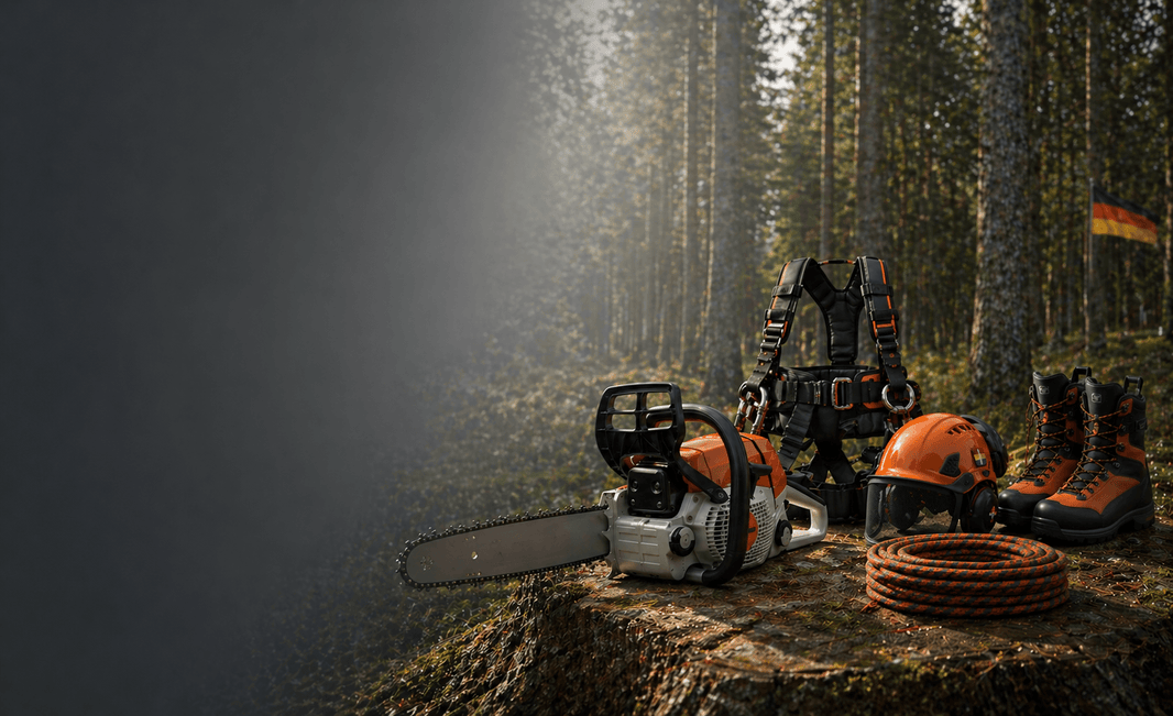 Shipping Arborist Equipment from the UK to Germany showcasing chainsaw, safety harness, boots, and rope.