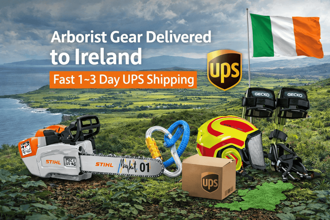 Arborist Gear Delivered to Ireland – Fast 1–3 Day UPS Shipping & No Hidden Fees with tools and landscape.