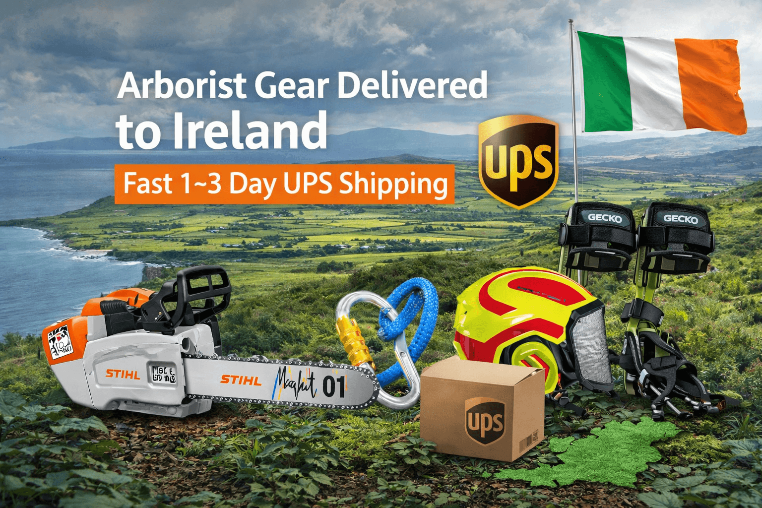 Arborist Gear Delivered to Ireland – Fast 1–3 Day UPS Shipping & No Hidden Fees with tools and landscape.