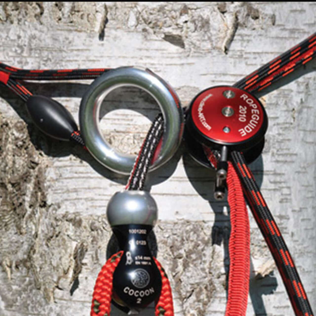 ART Ropeguide & Spares - Close-up of climbing system components for tree surgeons.