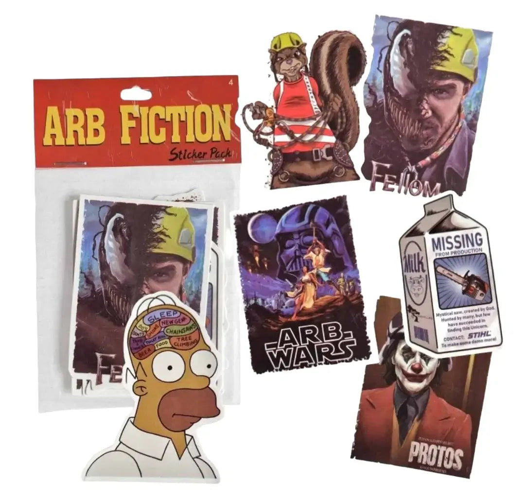 A collection of vibrant tree surgeon-themed stickers from Arb Fiction showcasing fun designs and characters.