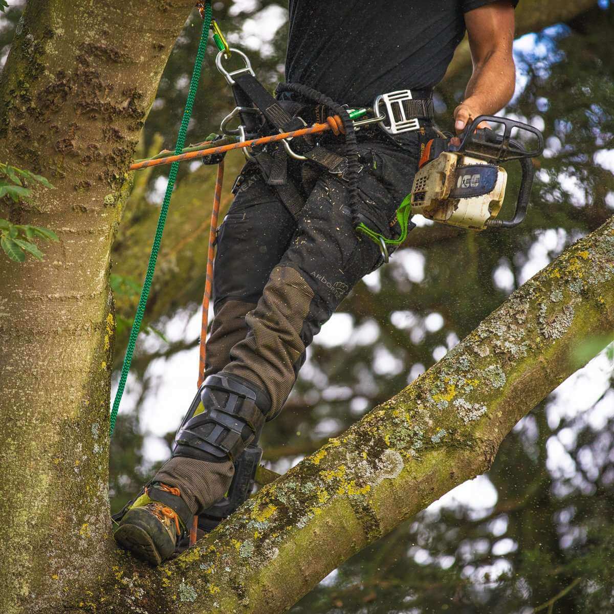 Tree surgeon using chainsaw while climbing a tree, wearing protective gear and boots.