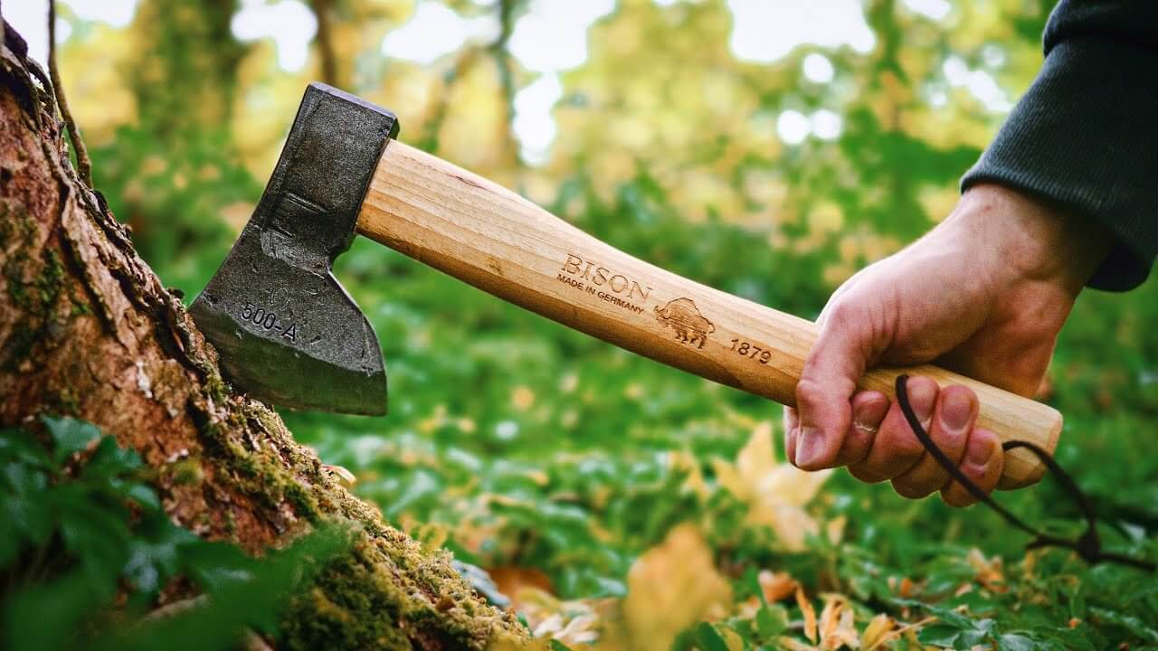 Bison Forestry Axe held near a tree, showcasing its durability and quality for tree surgeons.