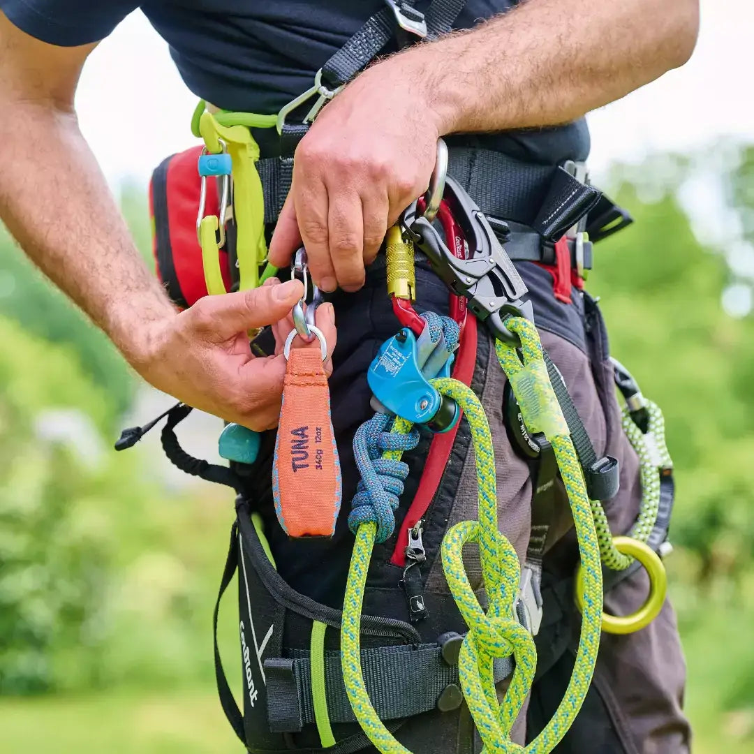 Close-up of tree surgeon adjusting climbing gear with colorful carabiners and ropes for optimal safety.