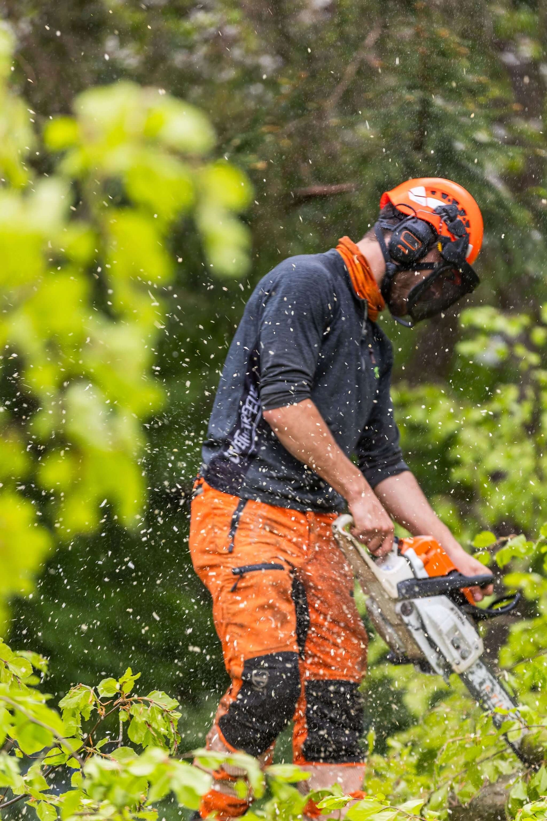 Tree surgeon wearing Arbortec Chainsaw Trousers operating a chainsaw in a lush green setting.