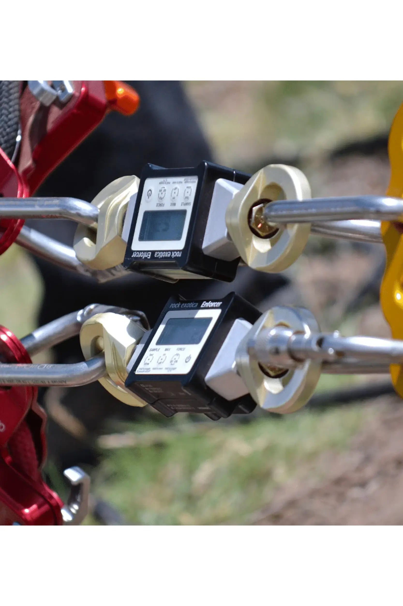 Rock Exotica load cell equipment for tree surgeons, showing real-time weight readings in climbing setup.