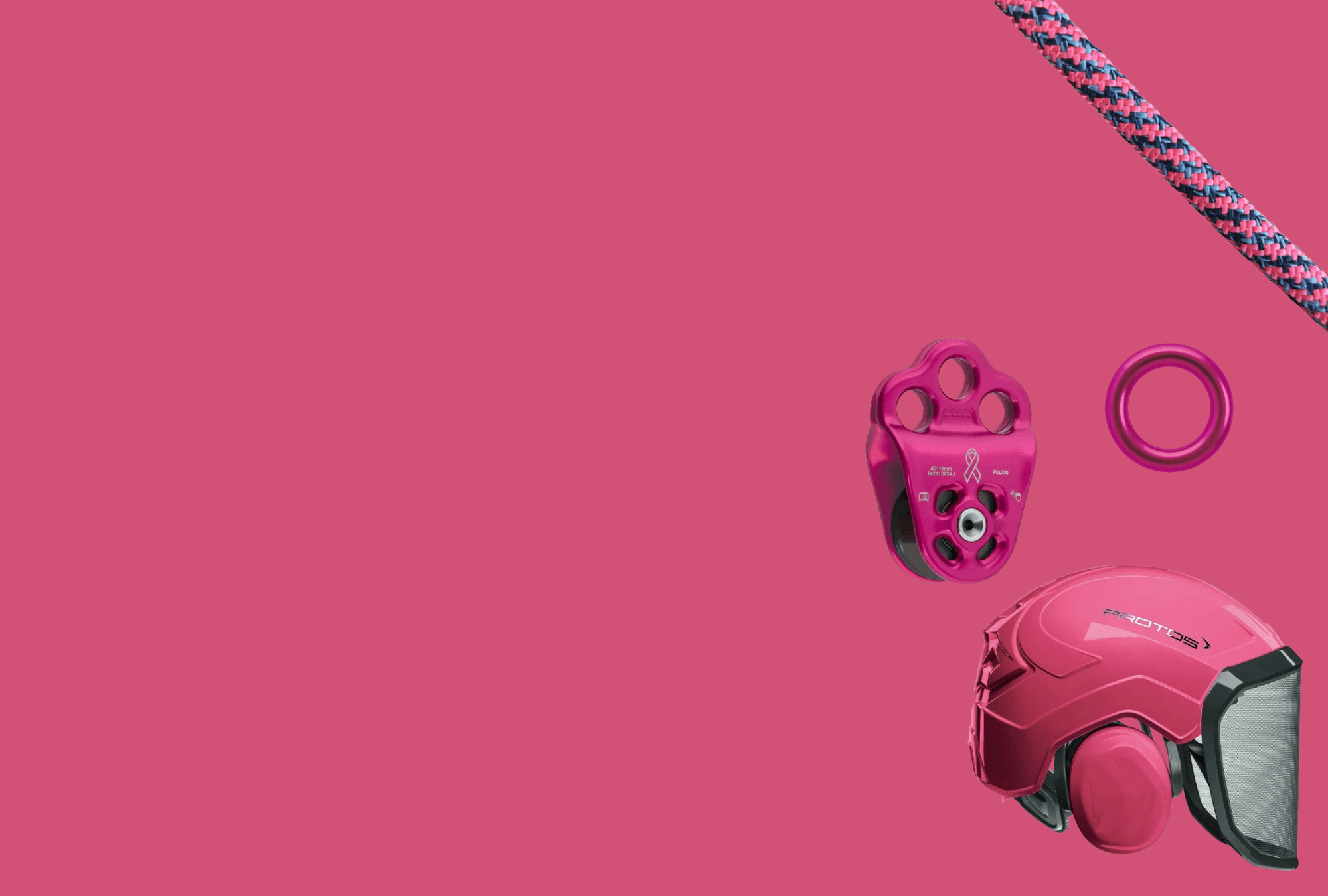 Breast Cancer Awareness gear including a pink helmet, pulley, and rope for climbing enthusiasts.