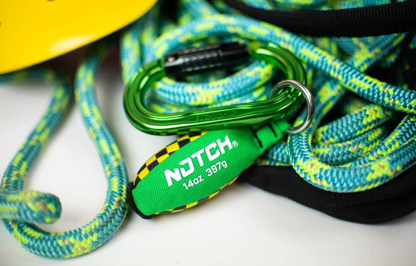 Close-up of NOTCH throw line with carabiner, perfect for tree surgeons to enhance rigging precision and safety.