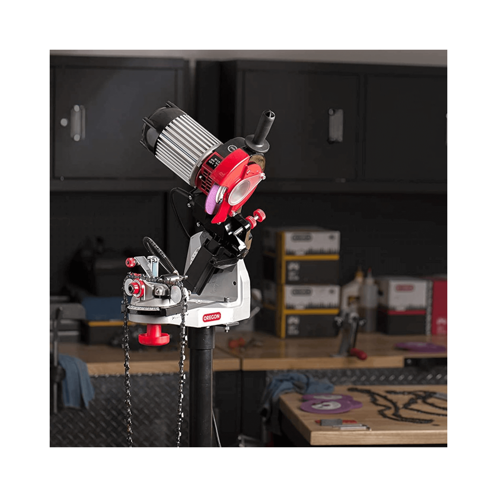 Electric Chainsaw Chain Sharpeners & Accessories - High-performance electric chainsaw sharpener in workshop.