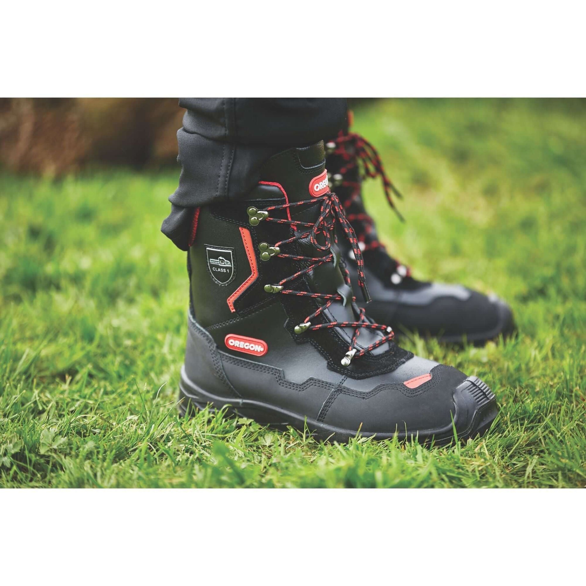 Oregon forestry boots designed for tree surgeons, featuring durable materials and enhanced safety for tree care professionals.