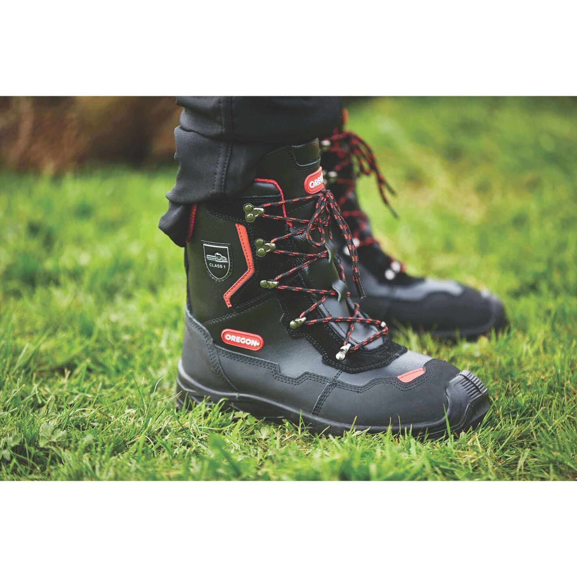 Oregon forestry boots designed for tree surgeons, featuring durable material and reliable grip on outdoor surfaces.