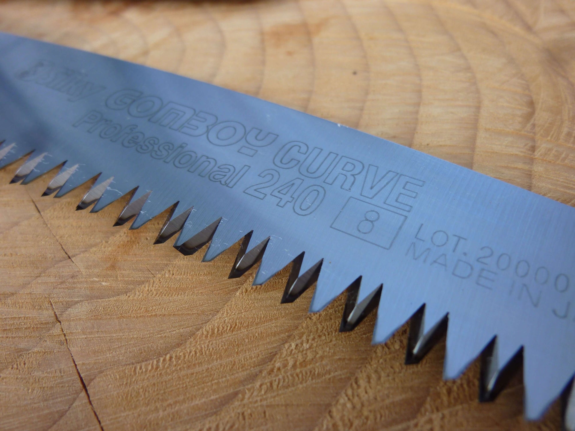 Close-up of a Silky Gomtaro Curve 240 saw blade, ideal replacement for tree surgeons, showcasing sharp teeth for efficient cutting.