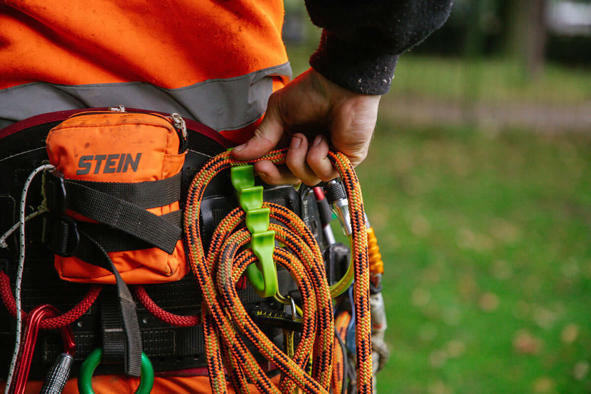 Tree surgeon adjusts Rail Approved PPE gear with climbing ropes attached to a STEIN harness.