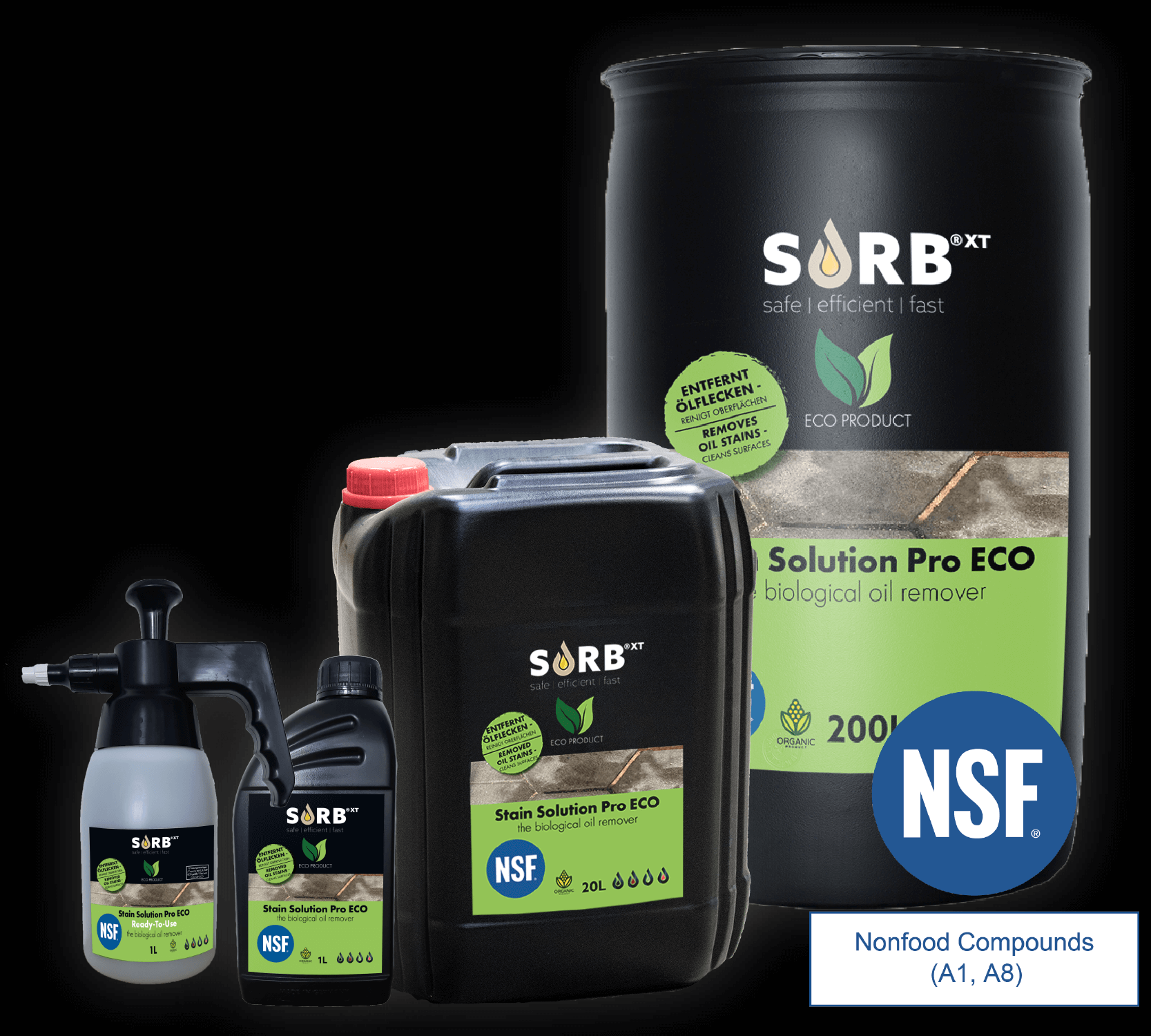 SORB XT Spill Solutions featuring eco-friendly biological oil remover products and NSF certification for safe use.