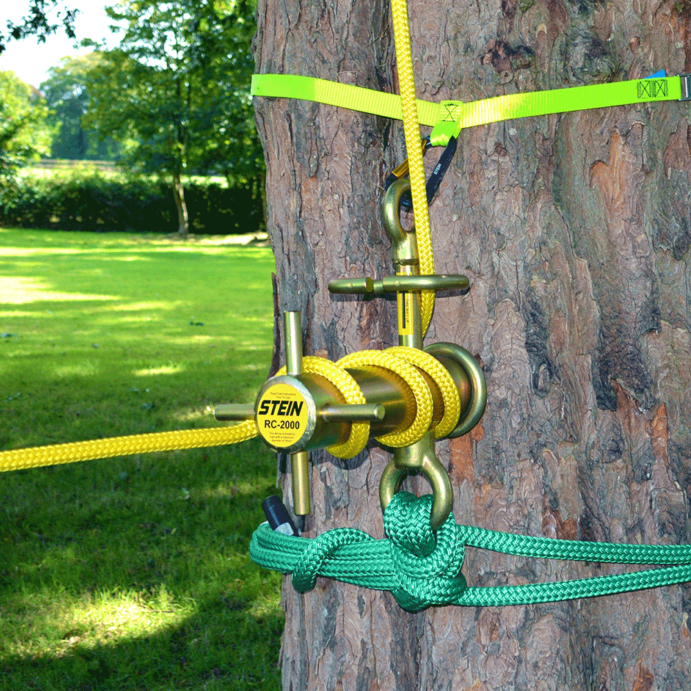 Stein RC-2000 pulley system with climbing ropes on a tree, essential for tree surgeon equipment.