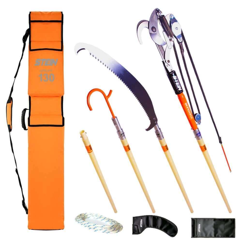 STEIN Utility Pruning Pole Saws collection including saw, pruner, and accessories in vibrant orange bag.