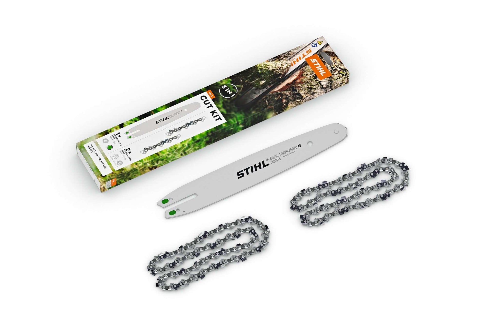 STIHL chainsaw cut kit with guide bar and two saw chains, perfect for tree surgeons ensuring efficient cutting.