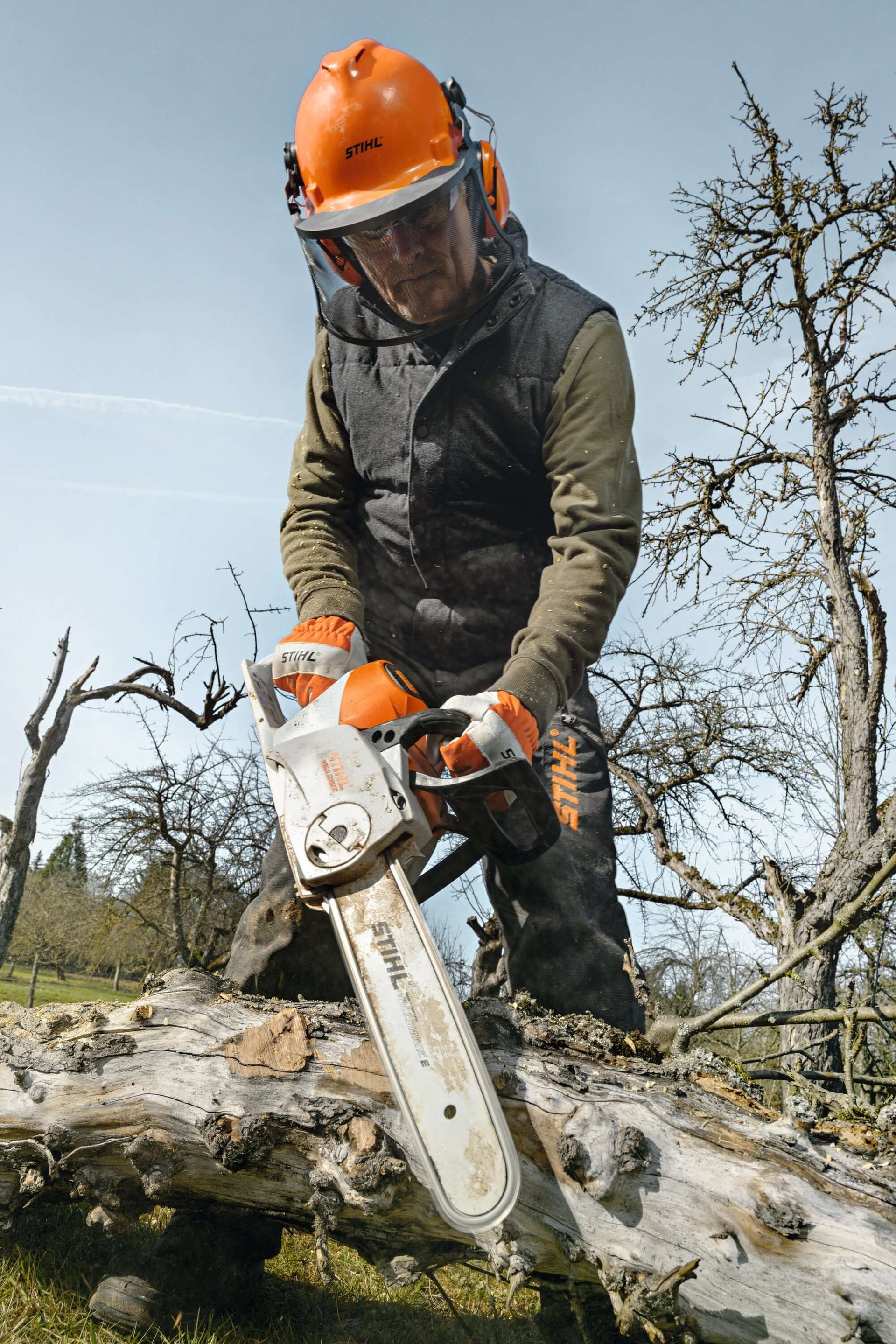 Tree surgeon using a STIHL chainsaw to cut fallen branches in a sunny outdoor setting.